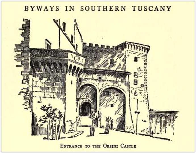 Fortezza Orsini di Pitigliano, in un disegno di G. Carlson, basato su una fotografia del 1918, scattata da M.O. Hooker, figlia dell'autrice.