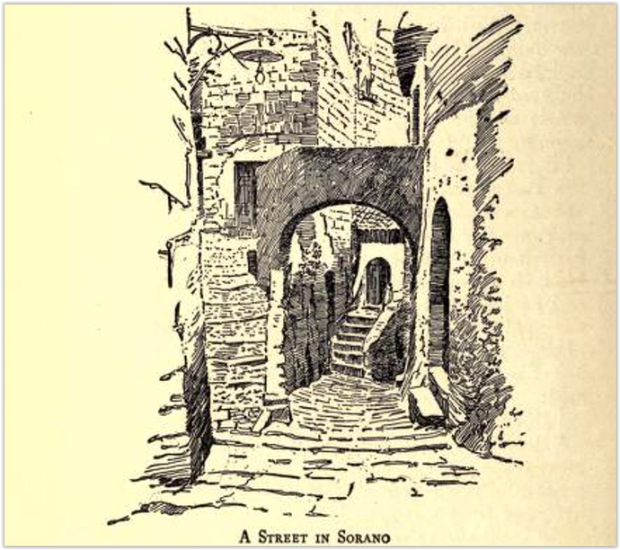 Via di Sorano, in un disegno di G. Carlson, basato su una fotografia del 1918, scattata da M.O. Hooker, figlia dell'autrice.