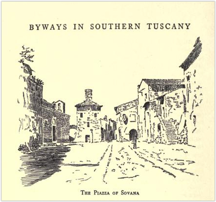 Piazza di Sovana, in un disegno di G. Carlson, basato su una fotografia del 1918, scattata da M.O. Hooker, figlia dell'autrice.